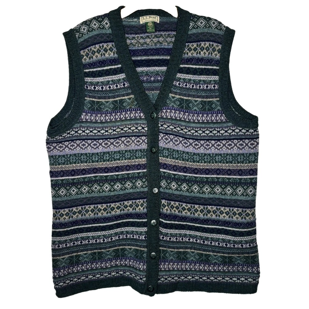 Vintage L.L. Bean Vest XL Nordic Fair Isle Cardigan Sweater Green 100% Wool USA